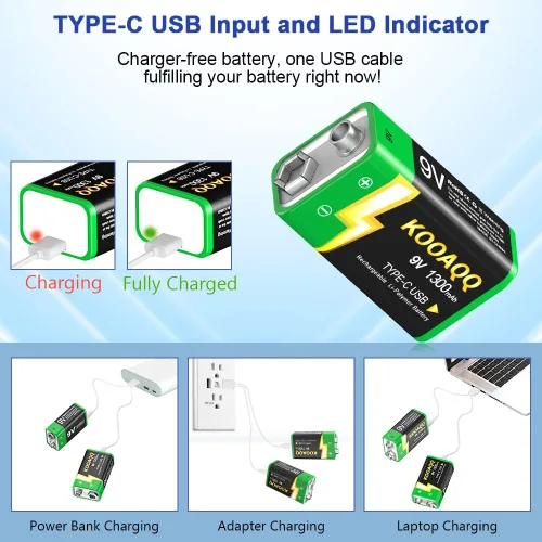 Vista 5 de Paquete de 1 baterías recargables de 9 V, recarga USB-C de 1300 mAh, 9 voltios de iones de litio de larga duración para alarmas, micrófonos
