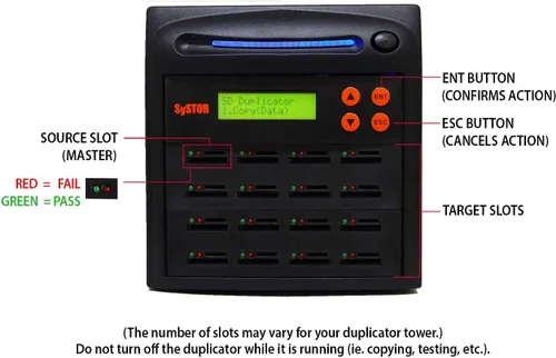 Vista 2 de Systor Duplicador de tarjetas SD/microSD 1:7 - 2GB/Min - Copiadora de memoria flash múltiple independiente y borrador/desinfectante, velocidades
