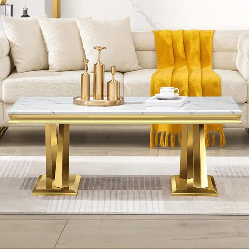 Vista 2 de ACEDÉCOR Mesa de centro dorada, mesa central de lujo para sala de estar con mesa blanca y base en X pulida dorada, mesa de té rectangular para sala