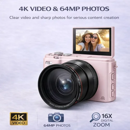 Vista 7 de Acuvar Kit de cámara digital 4K 64MP para fotografía, vlogging para YouTube con pantalla abatible, WiFi, lente gran angular, filtros, 2 tarjetas