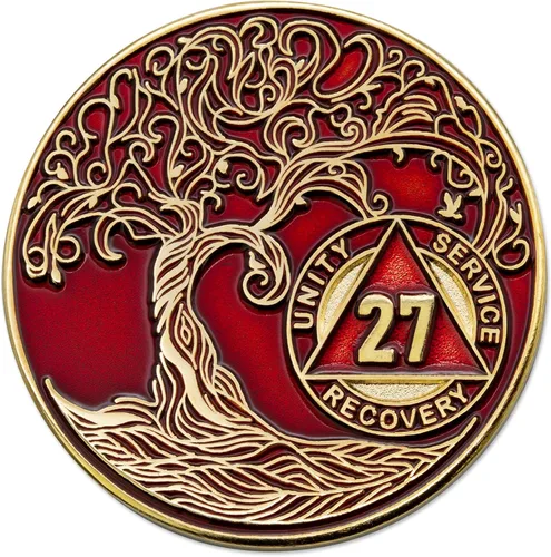 Vista 21 de 1 año Sobriety Mint Twisted Tree of Life Medallón de recuperación AA chapado en oro, chip/ficha - negro