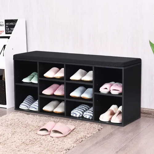 Vista 8 de KOTEK Banco de zapatos de madera con cojín, zapatero de 10 cubos con estantes ajustables, organizador de almacenamiento de zapatos para sala