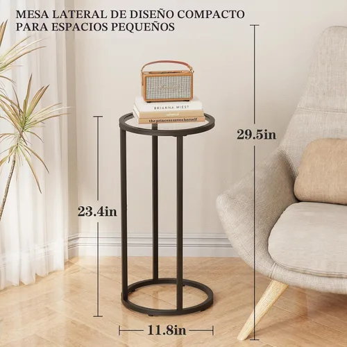Vista 3 de Mesa auxiliar redonda, mesa C de cristal, mesa auxiliar para sofá, mesa de aperitivos de vidrio templado con marco de metal, mesa de noche