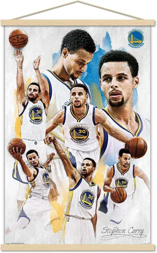 Vista 15 de Trends International NBA Golden State Warriors - Póster de pared de Stephen Curry 16, 14.725 x 22.375 pulgadas, versión enmarcada de madera