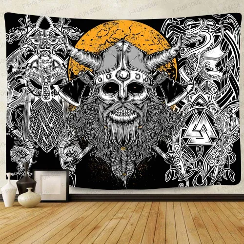 Vista 6 de F-FUN SOUL Tapiz nórdico de cuervo vikingo, 40 x 30 pulgadas, misteriosas runas de meditación vikinga, arte nórdico, tapices colgantes de pared