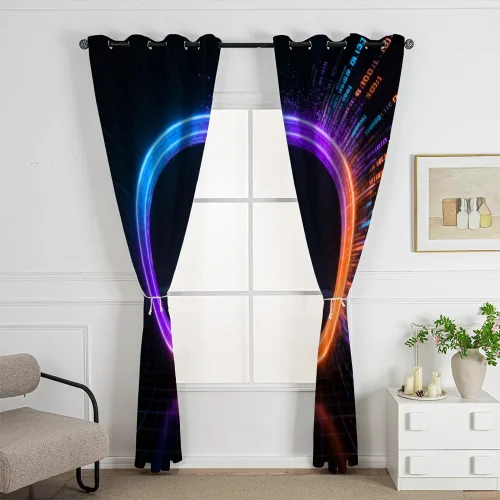 Vista 4 de Cyber Ring Curtains, Thermal Insulated Darkening Drapes For Sci-Fi Home Decor, Futuristic Neon Circle Digital Grid Scene Grommet Window Treatments