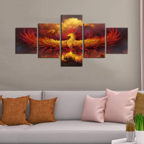 Vista 4 de 5 piezas de pintura sobre lienzo ardiente de fénix dibujado en estilo heráldico fuego fénix arte de pared vintage impresiones obras de arte arte