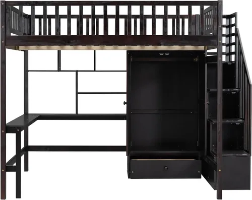 Vista 6 de Harper & Bright Designs Cama tipo loft de tamaño matrimonial con escritorio, marco de cama tipo loft de madera con armario, estantería y cajones
