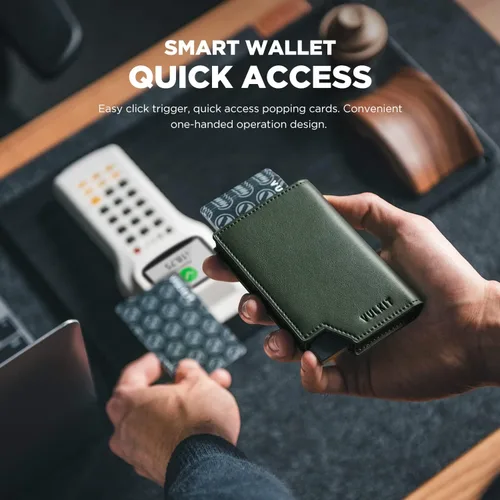 Vista 2 de VULKIT Cartera minimalista para hombre, tarjetero desplegable con bloqueo RFID, cierre magnético, billetera de cuero con ventana de identificación