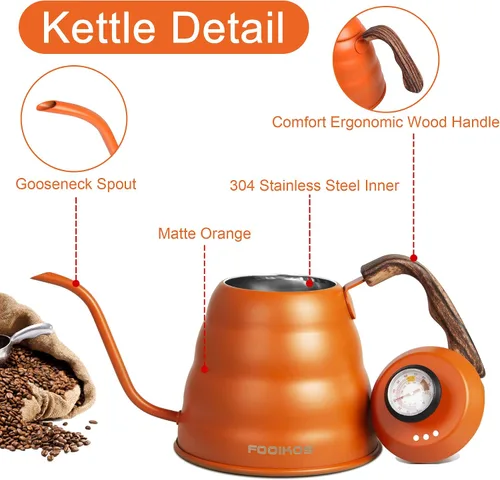 Vista 6 de Hervidor de cuello de cisne con termómetro para verter sobre café y té, 42 onzas líquidas, acero inoxidable de alta calidad, control de temperatura