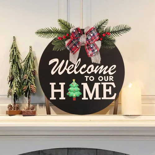 Vista 5 de Señal de bienvenida intercambiable para decoración de puerta delantera con 4 coronas de temporada y 14 iconos festivos, colgador de puerta de Negro
