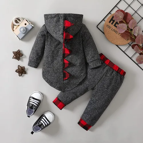 Vista 5 de Conjunto de ropa para bebé niño a cuadros para otoño e invierno, de manga larga, sudadera con capucha y pantalones