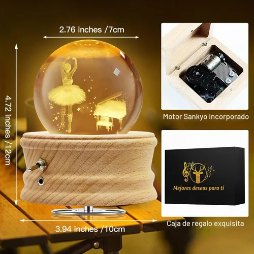Vista 4 de Caja de música de bola de cristal 3D con luz LED de proyección y base de madera giratoria para Navidad, cumpleaños, día de San Valentín, cajas