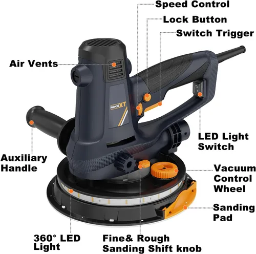 Vista 6 de Lijadora de yeso manual MAXXT de 810W, lijadora eléctrica para paredes, lijado grueso y fino, velocidad variable de 1500-2800RPM, almohadilla