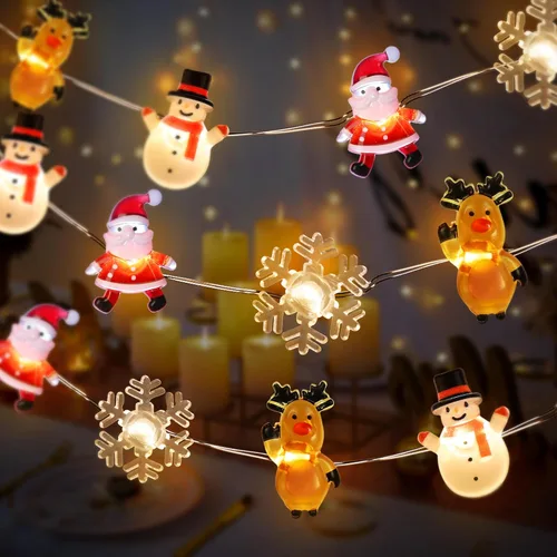 Vista 3 de [Temporizador] Luces de Navidad a pilas de 10 pies de Papá Noel, alce, copo de nieve, luces para decoración de árboles en interiores y exteriores