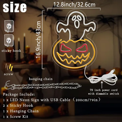 Vista 2 de Letrero de neón de calabaza fantasma de Halloween, cara de fantasma, luz de neón espeluznante de calabaza de neón, letreros LED regulables