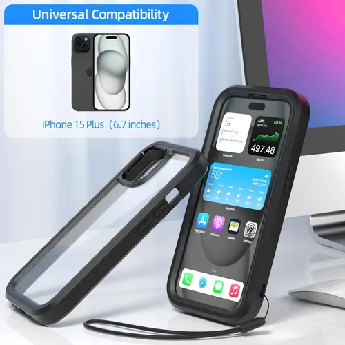 Vista 2 de WXR Compatible con iPhone 15 Plus/iPhone 14 Plus, silicona suave y parte trasera de policarbonato duro transparente e interior de policarbonato Negro