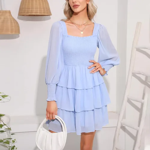 Vista 5 de Byinns Vestido de manga larga con volantes y cuello cuadrado para mujer, estampado floral, con lazo en la espalda, vestido mini con vuelo en capas