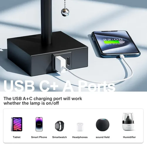 Vista 8 de Fenmzee Juego de 2 lámparas de noche para dormitorio, pequeña lámpara rectangular para mesita de noche con puerto de carga USB A C, luz