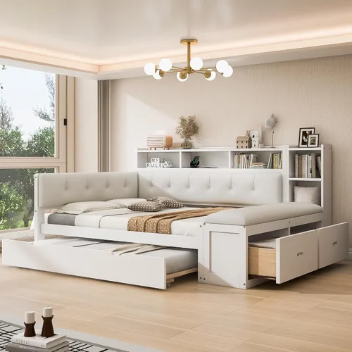 Vista 13 de VilroCaz Cama de sofá de tamaño individual de madera con estantes de almacenamiento y escritorio de estudio, estructura de cama de día Blanco