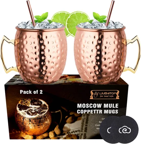 Vista 7 de LIVEHITOP Moscow Mule - Juego de 4 tazas de cóctel hechas a mano de cobre de 19.5 onzas con posavasos para bebidas frías, vino, bar, fiesta, hotel