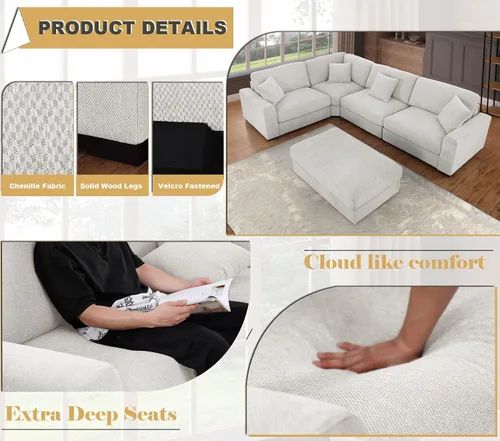 Vista 4 de Sofá modular Cloud de 212 pulgadas con tumbona grande, profundo y cómodo, sofás seccionales en forma de L de gran tamaño para sala de estar, Blanco