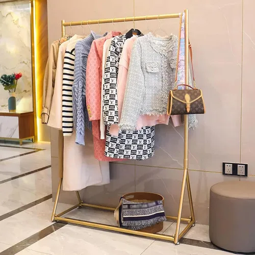 Vista 3 de Perchero resistente de un solo riel para ropa, riel de metal dorado para dormitorio y sala de estar, base triangular, perchero de gran capacidad