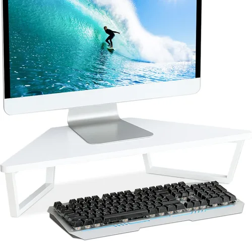 Vista 8 de TEAMIX Soporte de monitor triangular de 26 pulgadas, estante de esquina de escritorio con patas de metal, soporte de computadora de madera