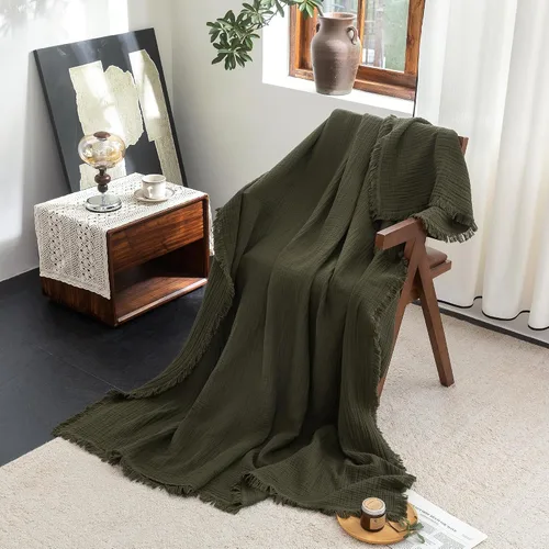 Vista 60 de FOSSA Manta de Muselina con Flecos - Gasa de Algodón 100% de 4 Capas Súper Suave y Transpirable - Manta Decorativa Ligera y Refrescante para Cama