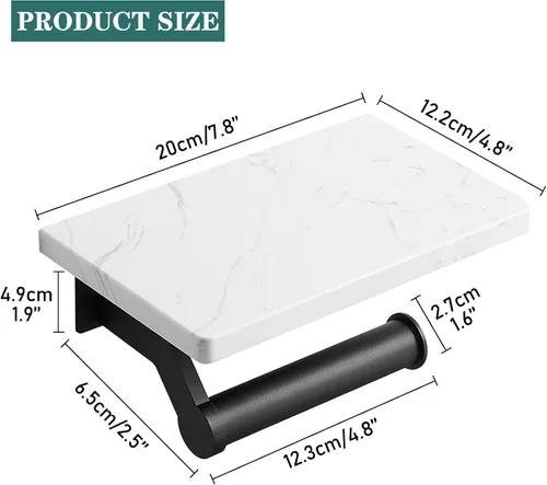 Vista 5 de Soporte de papel higiénico de aluminio negro mate Hoimpro con estante de mármol natural blanco, soporte de almacenamiento de rollo de papel de mano