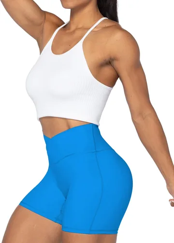 Vista 5 de Sunzel Softmax - Pantalones cortos cruzados para mujer, sin costura frontal, cintura alta, para yoga, entrenamiento, gimnasio, con control de abdomen