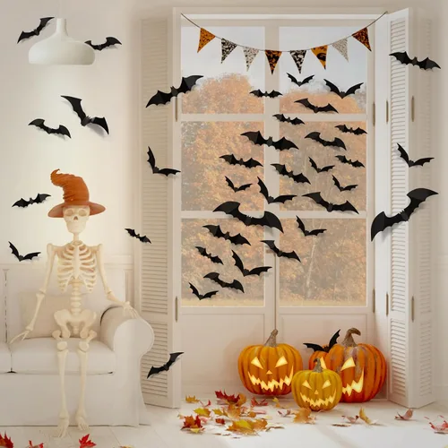 Vista 6 de LUDILO 120 piezas de decoraciones de murciélagos de Halloween, decoraciones de pared de Halloween, calcomanías de pared de PVC 3D, calcomanías