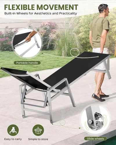 Vista 5 de Vexwalx Tumbona para patio al aire libre con ruedas y reposabrazos, sillas reclinables ajustables de aluminio de 5 posiciones, sillas de playa al