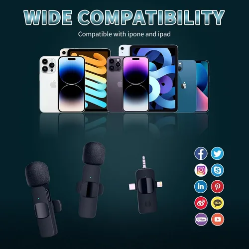 Vista 6 de AMOOX Micrófono Lavalier inalámbrico para cámara de iPhone, transmisión en vivo, vlogging, micrófono omnidireccional inalámbrico, micrófono