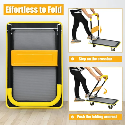 Vista 3 de Goplus Carrito de plataforma plegable, carrito de plataforma de mano con ruedas de 330 libras, carrito de mano para carga, amarillo