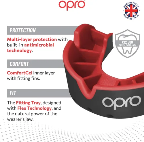 Vista 3 de OPRO Protector bucal moldeable de nivel plateado, ajuste esencial (negro/rojo) para niños y jóvenes, protector bucal de boxeo para artes marciales