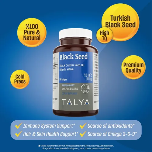 Vista 4 de TALYA Softgel de aceite de semilla negra con alta timoquinona, apoyo inmunológico, salud digestiva, función cerebral, movilidad articular, prensado