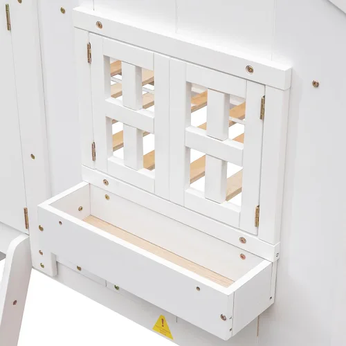 Vista 3 de VECELO Full Over Full House Bunk Bed with Safety Rail, Ladder, Windows & Doors, Solid Wood Playhouse Bunk Bed, No Box Spring Needed, White