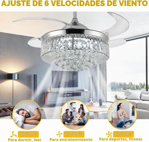 Vista 5 de Ventilador de techo invisible de 36", lámpara de araña de cristal moderna con control remoto, 4 aspas retráctiles de ABS para dormitorio, sala