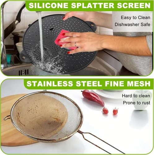 Vista 6 de Pantalla de silicona de 13" para sartén - Protector de salpicaduras de Mango resistente al calor, multiuso, protector contra salpicaduras de aceite