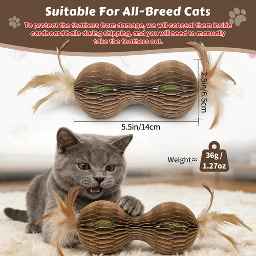 Vista 2 de Juguetes de bola de hierba gatera para gatos de interior, juguete de cartón con forma de mancuernas con 2 bolas de hierba gatera y extremos