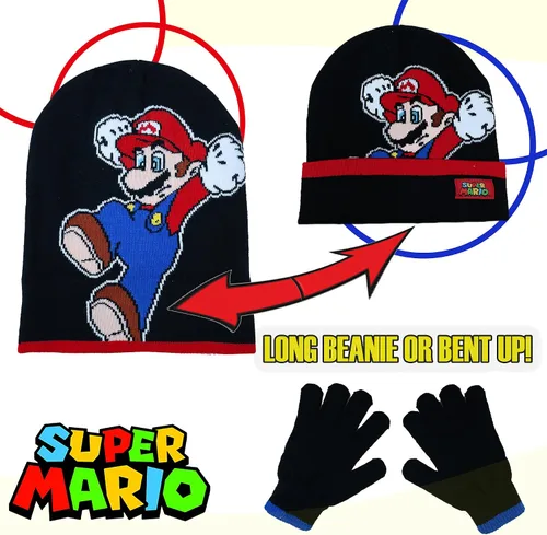 Vista 5 de Nintendo Super Mario - Conjunto de gorro y guantes de invierno para niños para clima frío, edad 4-7, Multicolorido