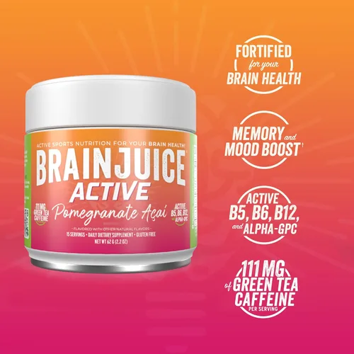 Vista 3 de BrainJuice Suplemento de apoyo cerebral nootrópicos, polvo sin gluten para energía y concentración, mezcla de bebida con L teanina, Alpha GPC