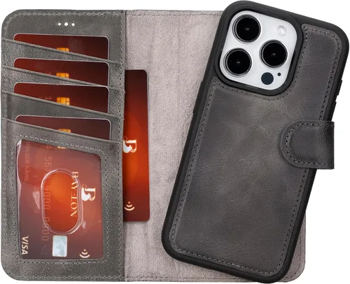 Vista 22 de Bayelon Funda tipo cartera para iPhone 15 Pro, cartera de cuero de grano completo, funda magnética desmontable, tarjetero, funda tipo cartera