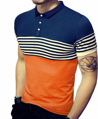 Vista 3 de LOGEEYAR Polo de manga corta para hombre, ajuste delgado, color contrastante, costuras a rayas, camiseta casual
