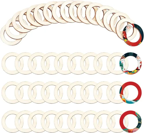 Vista 23 de NBEADS 100 piezas de 40 mm de piezas de madera sin terminar en forma de anillo, adornos circulares blancos antiguos anillos de unión de madera