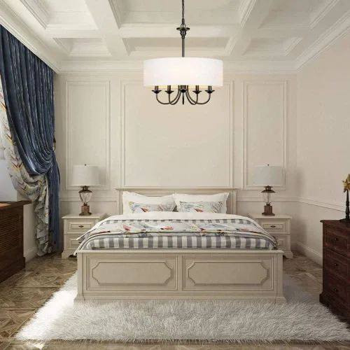 Vista 4 de Candelabro tradicional de 5 luces con pantalla de tambor de lino blanco, lámpara de techo moderna para comedor y sala de estar, dormitorio