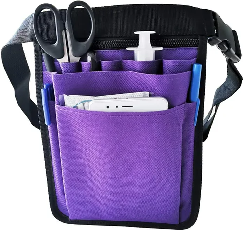 Vista 4 de Organizador para enfermeras de utilidad con cinturón Fanny Pack riñonera bolsa de cintura para herramientas de cuidado de tijeras médicas (púrpura)