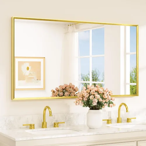 Vista 13 de TETOTE Espejo de baño dorado cepillado de 20" x 30", espejo de tocador de baño rectangular de latón dorado cepillado con marco biselado para sobre
