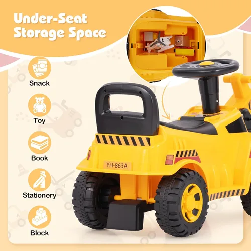 Vista 6 de HONEY JOY Ride On Excavadora, Coche de empuje para manejar para niños pequeños, Bulldozer de excavación al aire libre con pala funcional